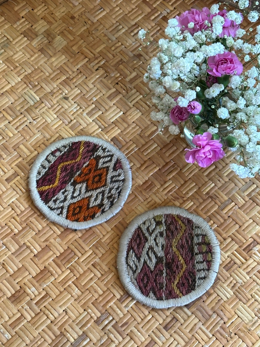 Turkish coaster set featuring colorful geometric design measuring 5 inches in diameter