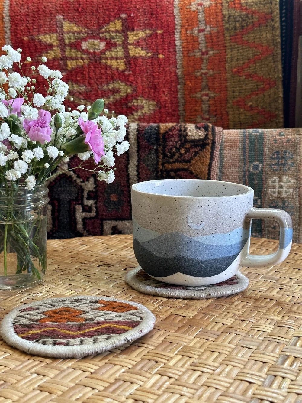 Turkish coaster set featuring colorful geometric design measuring 5 inches in diameter