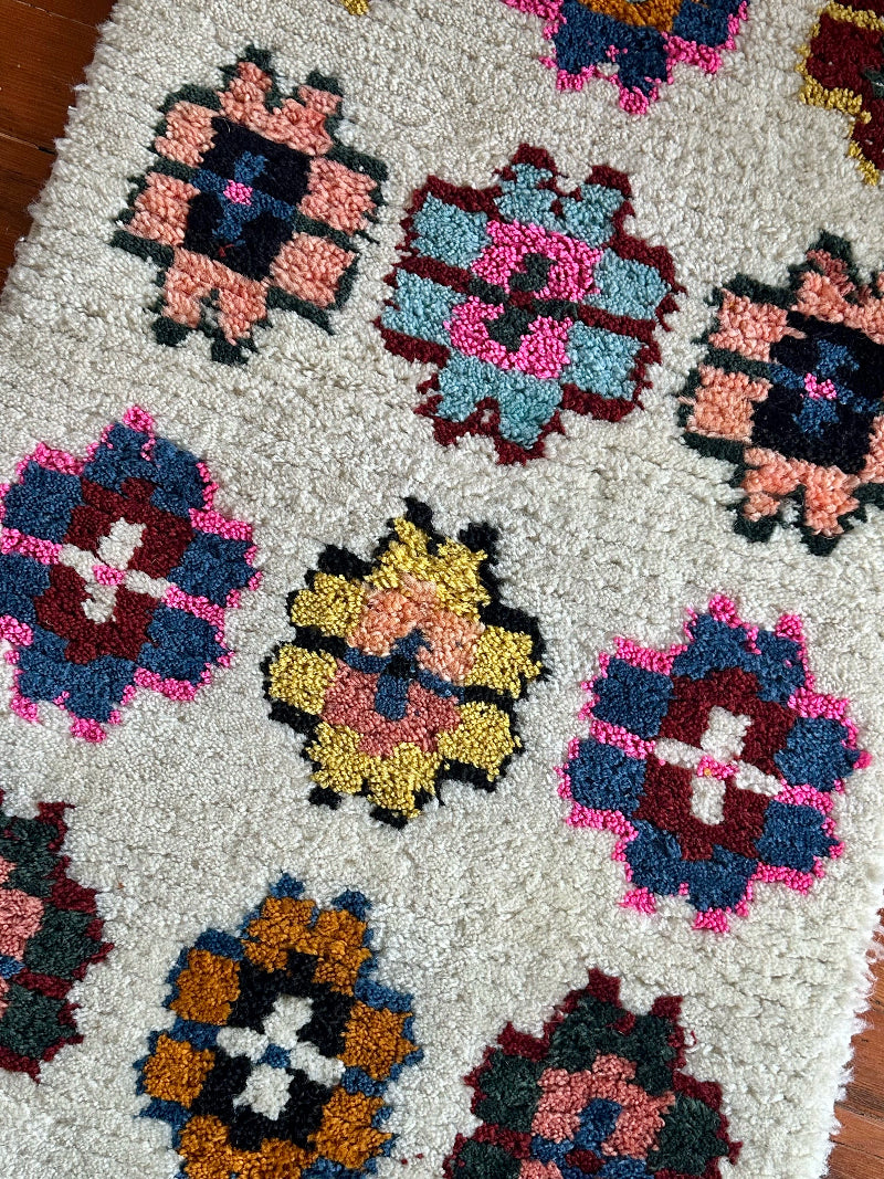 Decorative rug with colorful floral patterns on a neutral background
