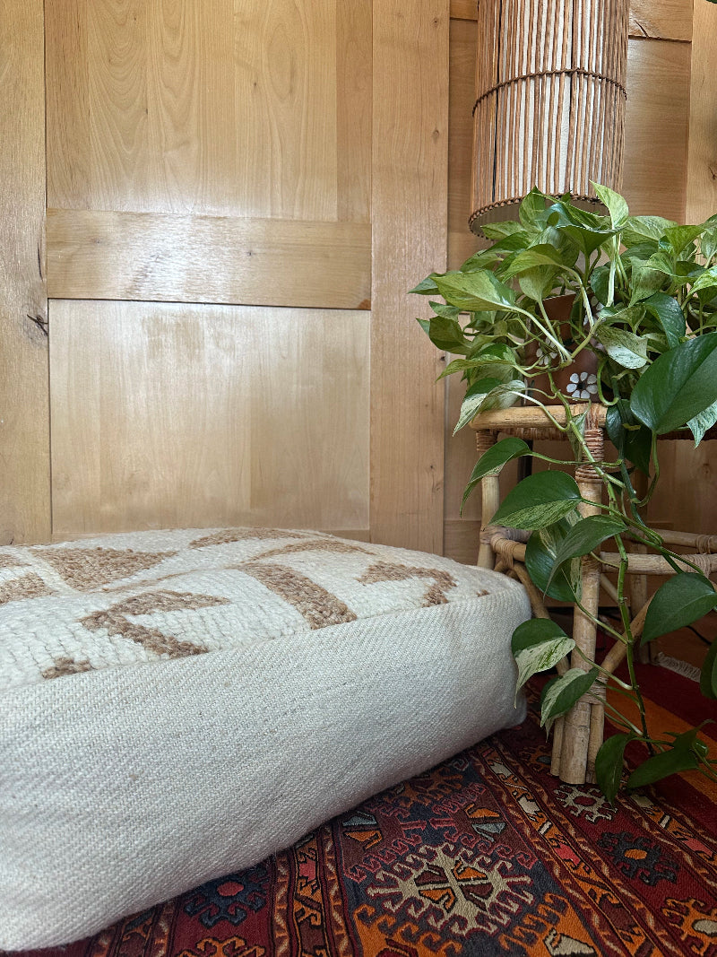 Cream and tan geometric turkish floor pouf