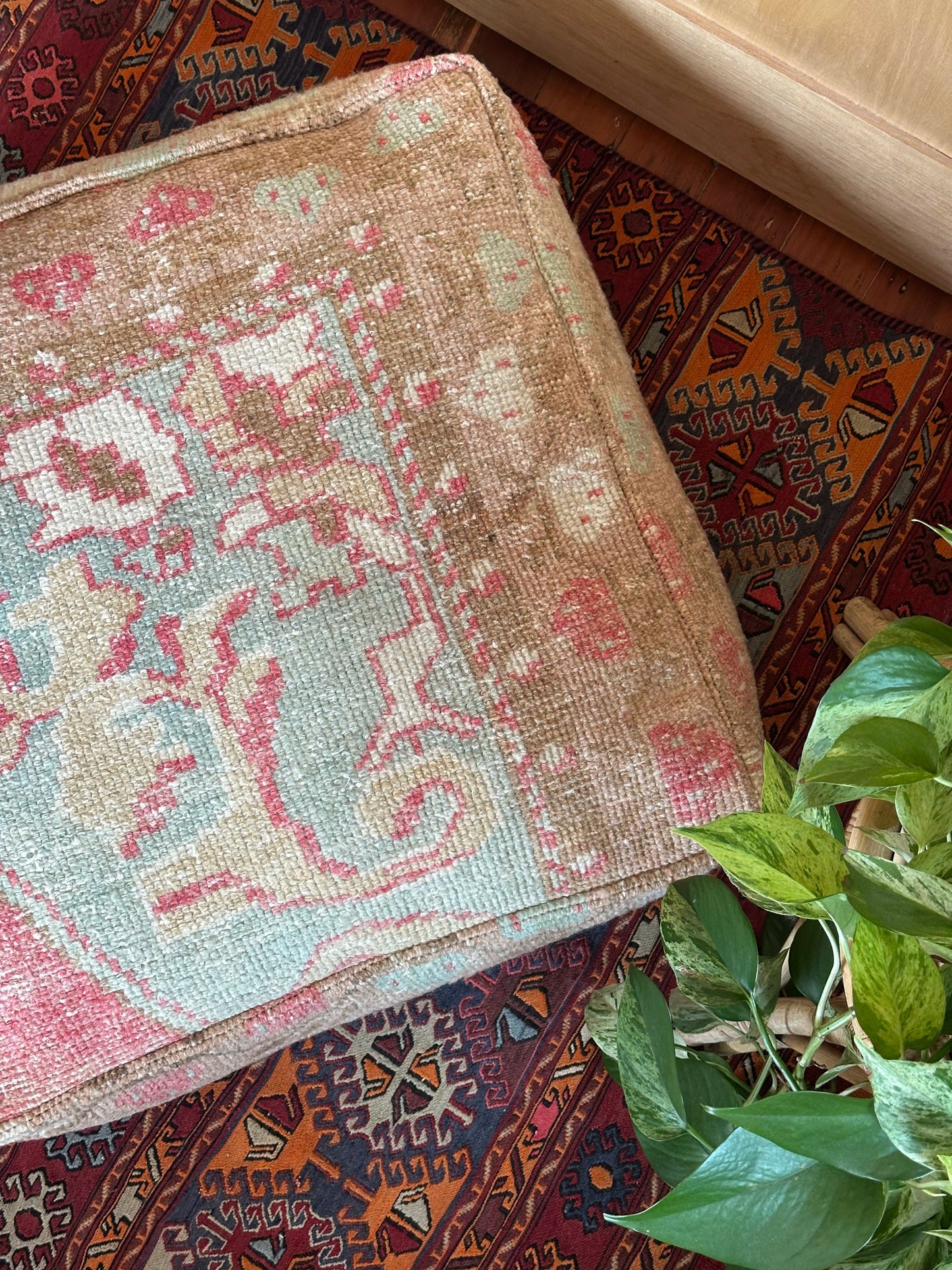 Muted Pink and Blue Geometric Turkish Floor Pouf