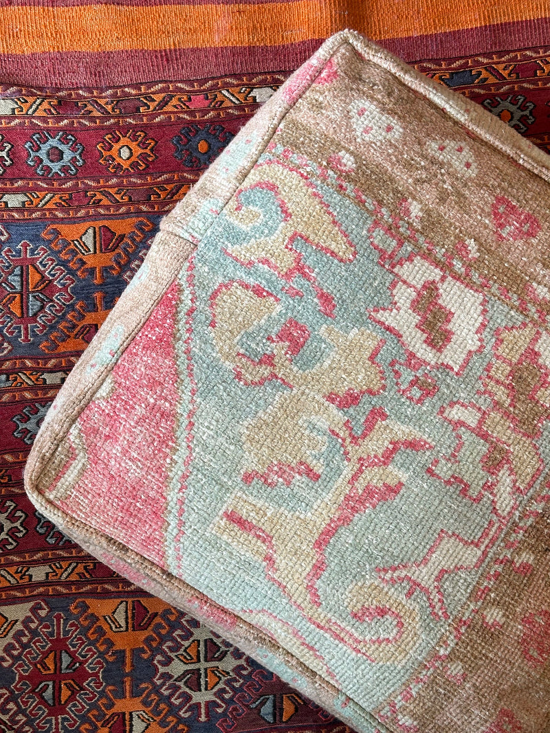 light blue, pink and tan turkish floor pouf