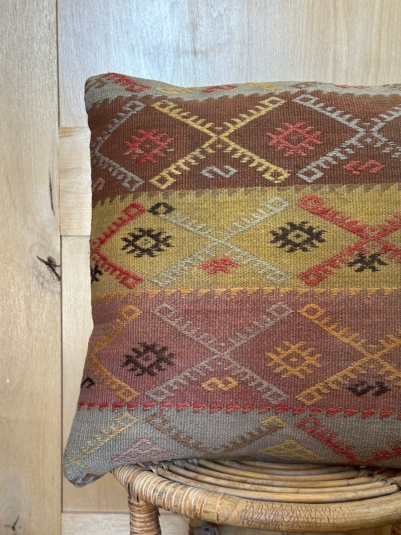20 by 20 striped yellow, light blue, brown and pink embroidered turkish kilim throw pillow