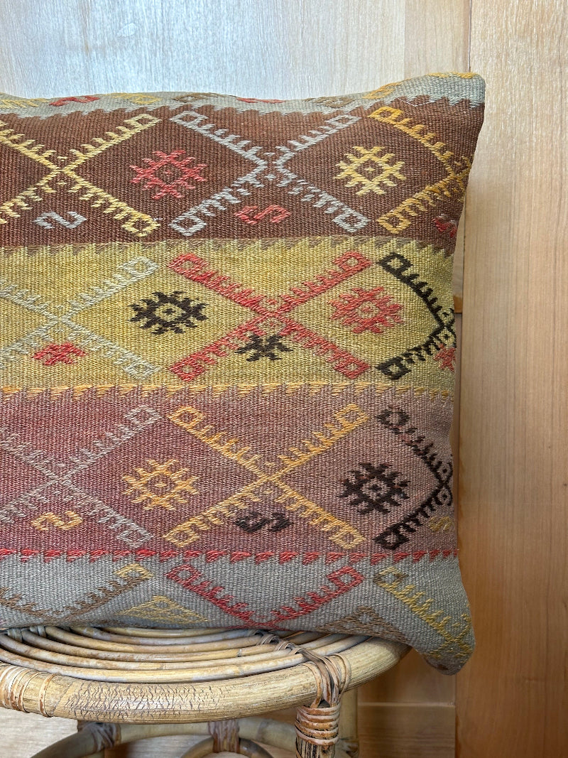 20 by 20 striped yellow, light blue, brown and pink embroidered turkish kilim throw pillow