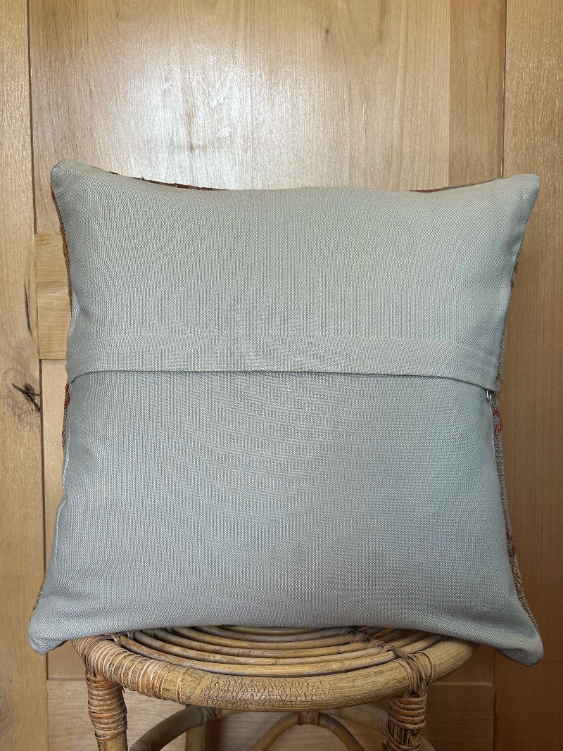 20 by 20 striped yellow, light blue, brown and pink embroidered turkish kilim throw pillow