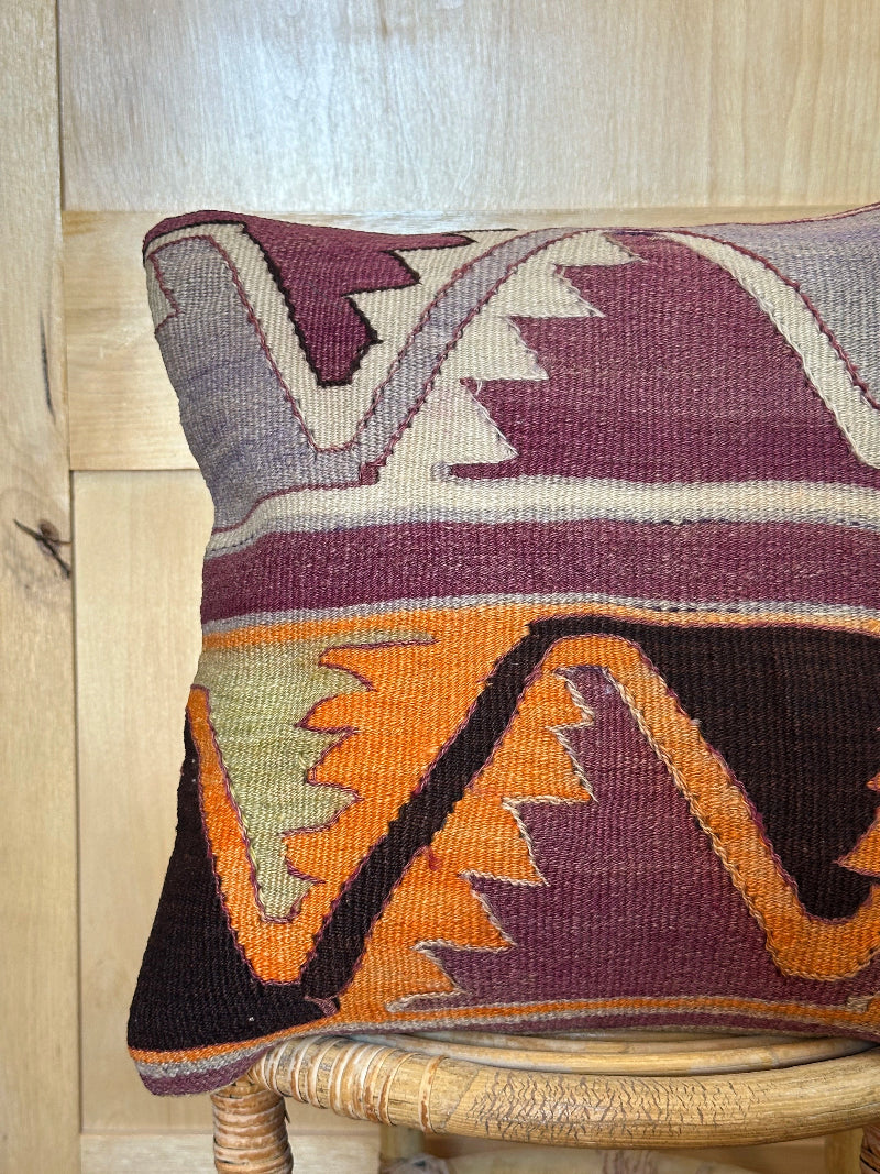 16 by 16 purple and orange geometric turkish kilim throw pillow