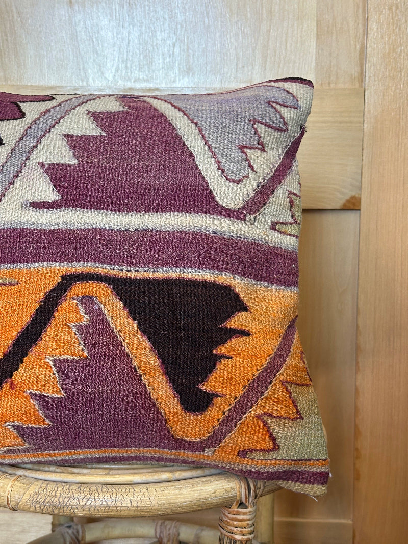 16 by 16 purple and orange geometric turkish kilim throw pillow