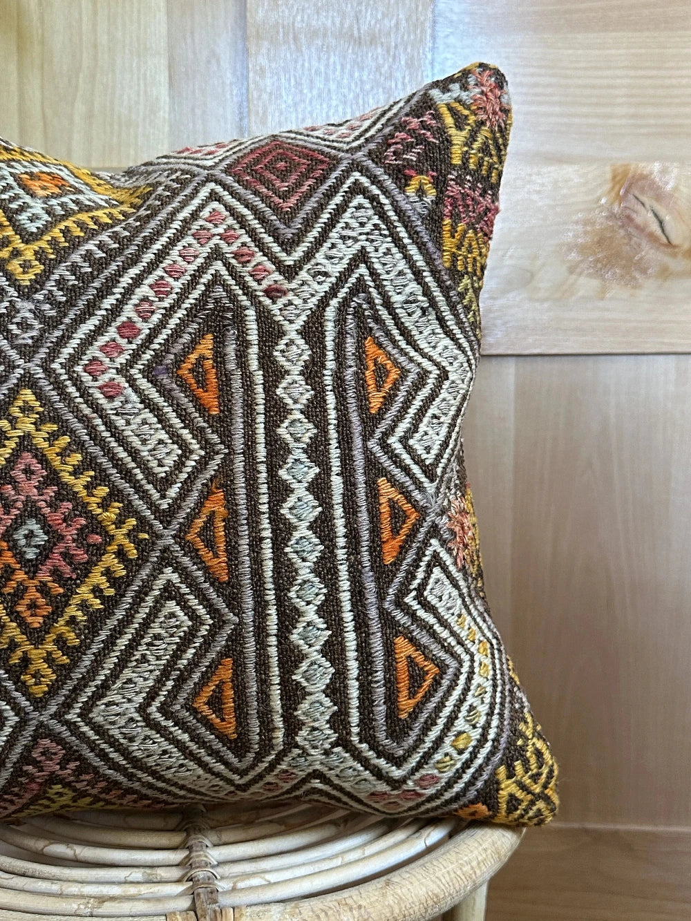 15 by 15 multicolored embroidered turkish throw pillow featuring a brown background color and geometric design