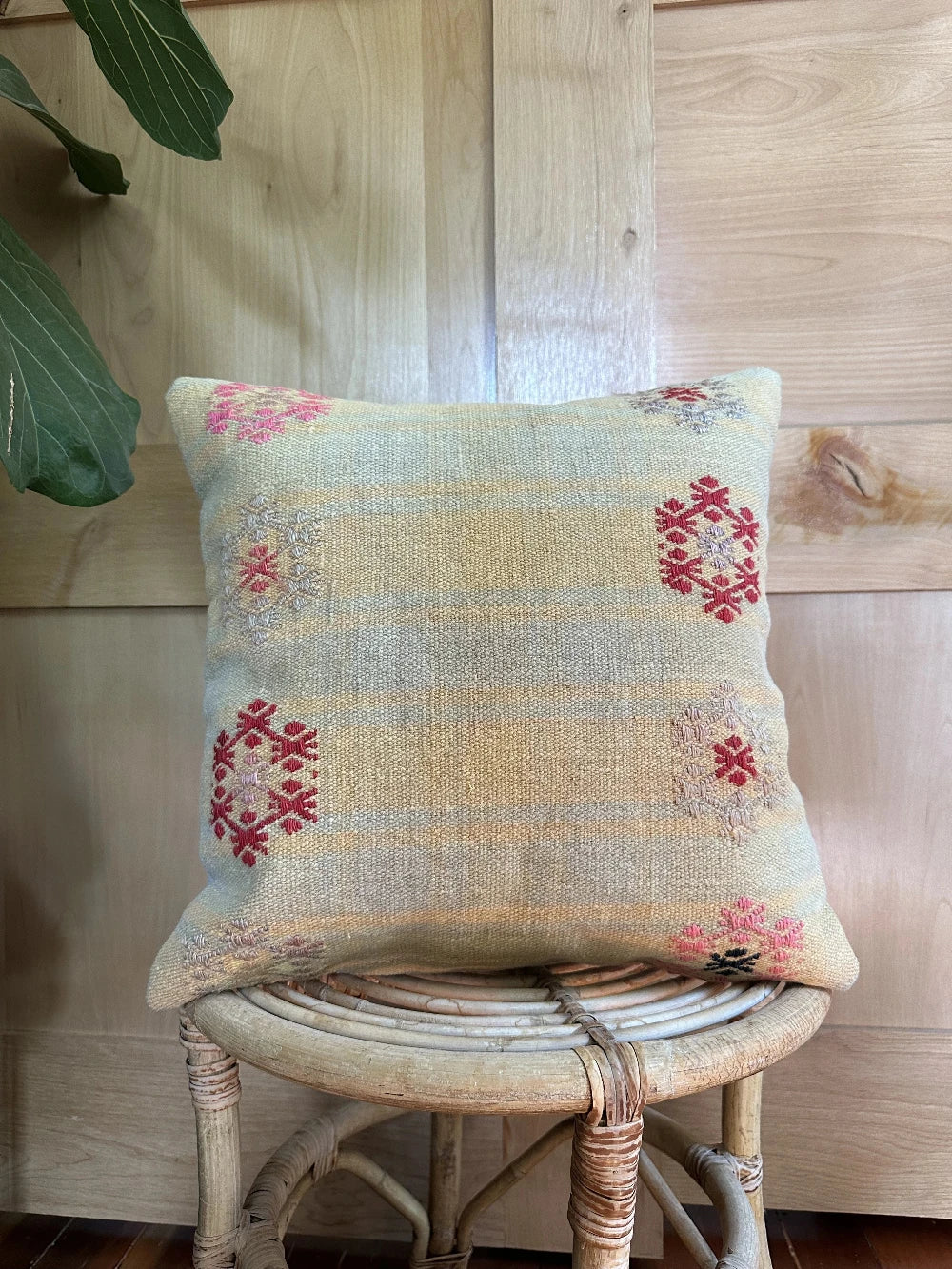16 by 16 light blue and yellow plaid turkish throw pillow with floral embroidery throughout