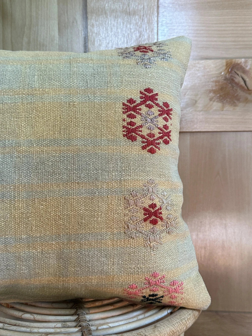 16 by 16 light blue and yellow plaid turkish throw pillow with floral embroidery throughout