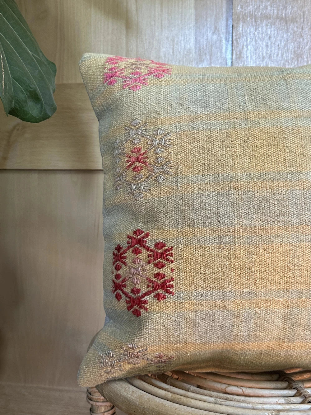 16 by 16 light blue and yellow plaid turkish throw pillow with floral embroidery throughout
