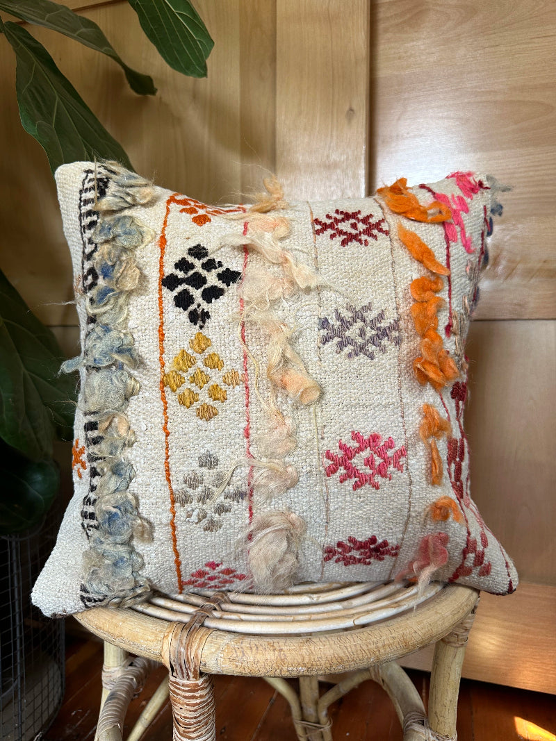 16x16 Turkish throw pillow with colorful embroidery throughout, perfect for boho style home decor