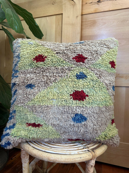 Hand-knotted, shaggy purple and green Turkish throw pillow, 20x20 inches, wool front with geometric design and pops of blue and maroon, cotton backing—boho home decor.