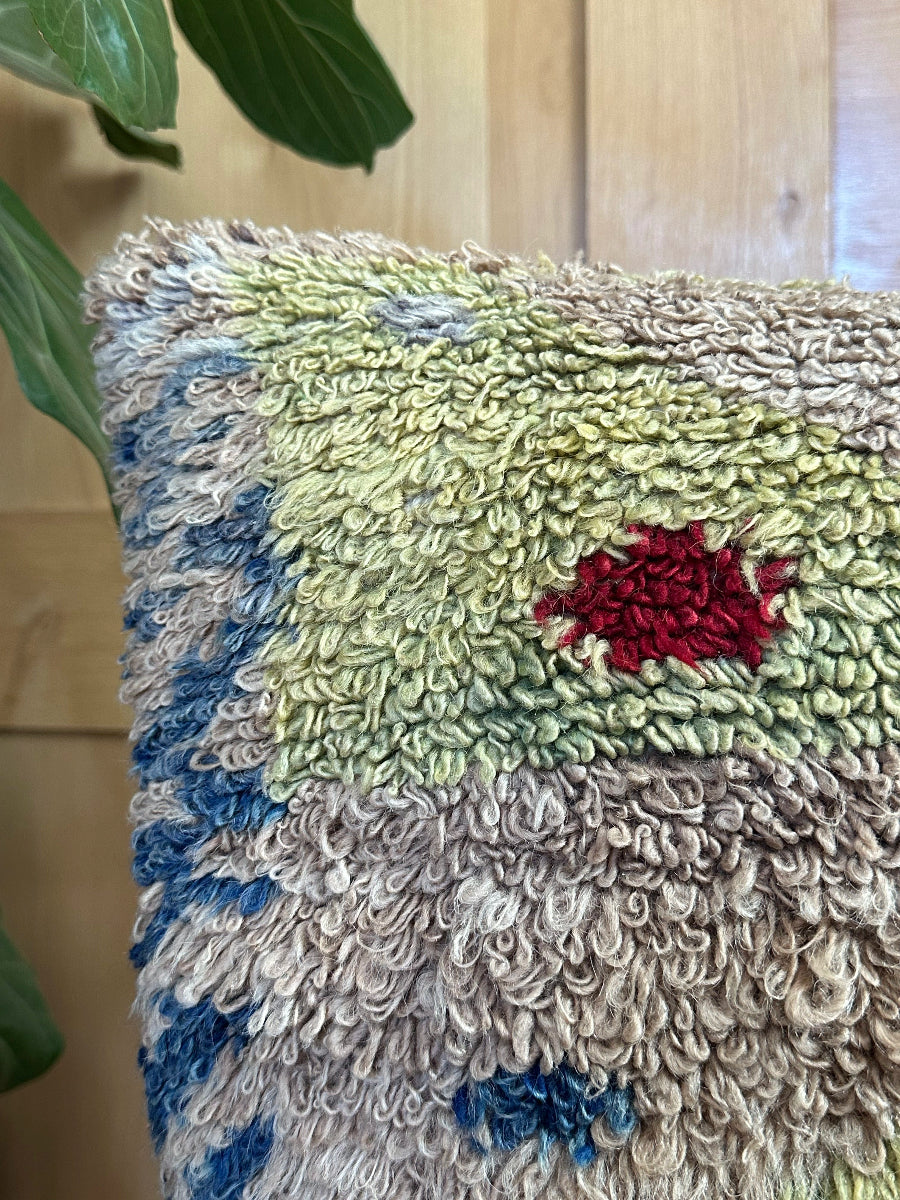 Hand-knotted, shaggy purple and green Turkish throw pillow, 20x20 inches, wool front with geometric design and pops of blue and maroon, cotton backing—boho home decor.