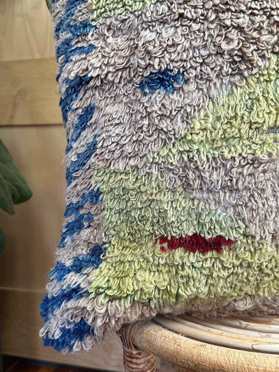 Hand-knotted, shaggy purple and green Turkish throw pillow, 20x20 inches, wool front with geometric design and pops of blue and maroon, cotton backing—boho home decor.