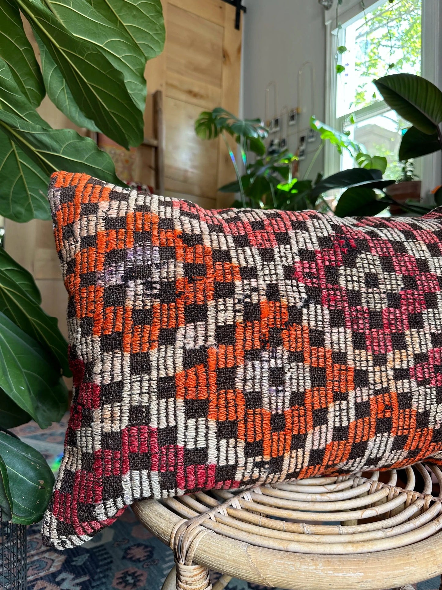 16 x 24 red and orange Turkish lumbar pillow featuring diamond pattern