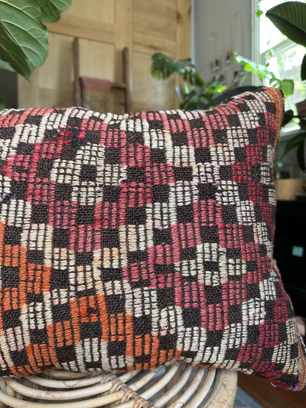 16 x 24 red and orange Turkish lumbar pillow featuring diamond pattern