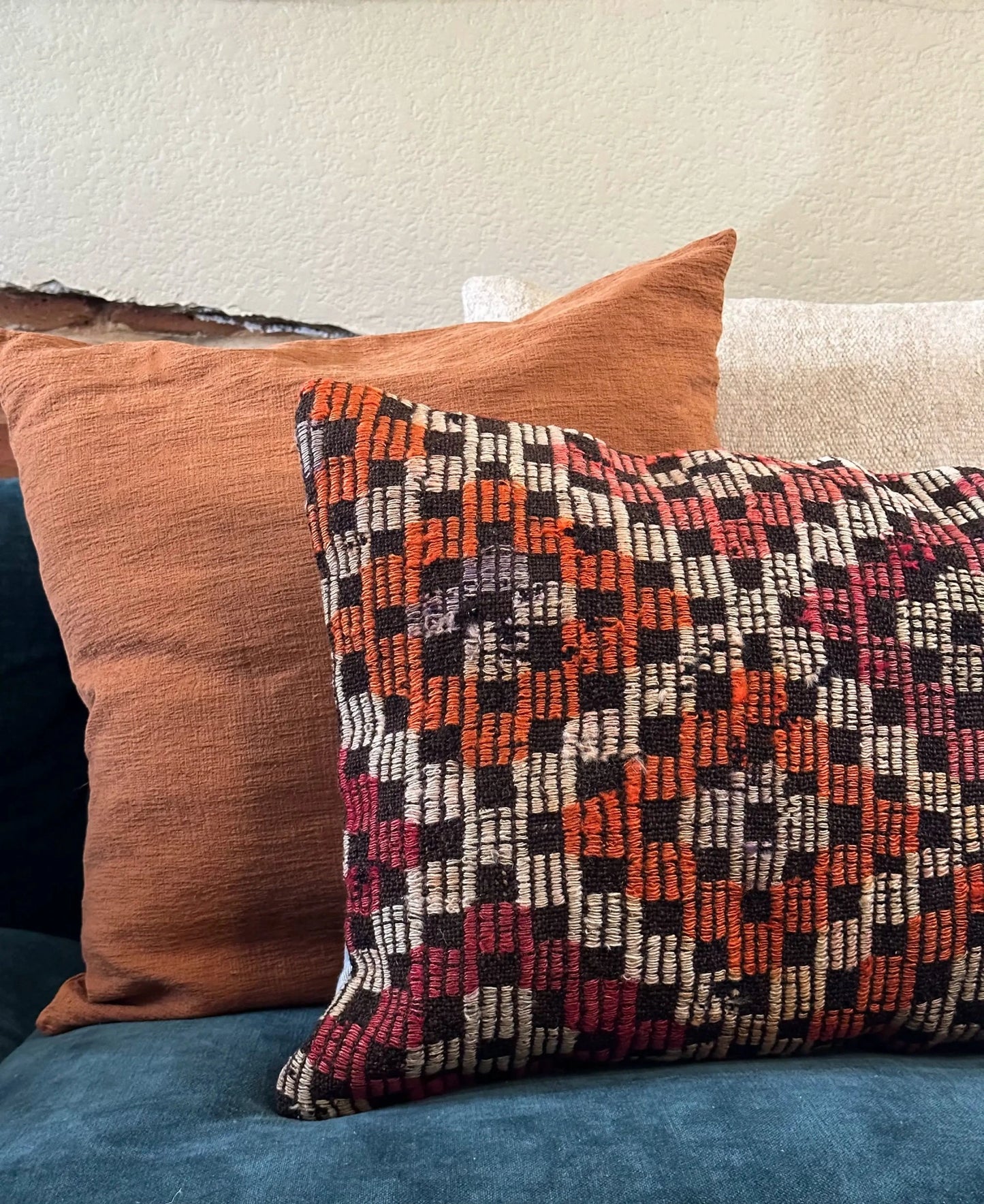 16 x 24 red and orange Turkish lumbar pillow featuring diamond pattern