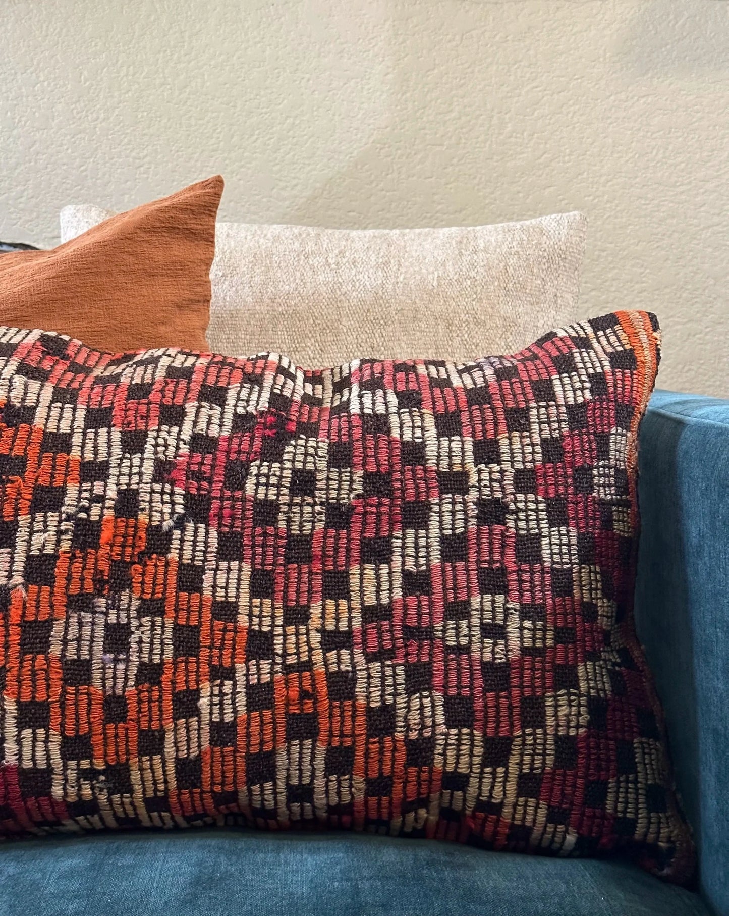 16 x 24 red and orange Turkish lumbar pillow featuring diamond pattern