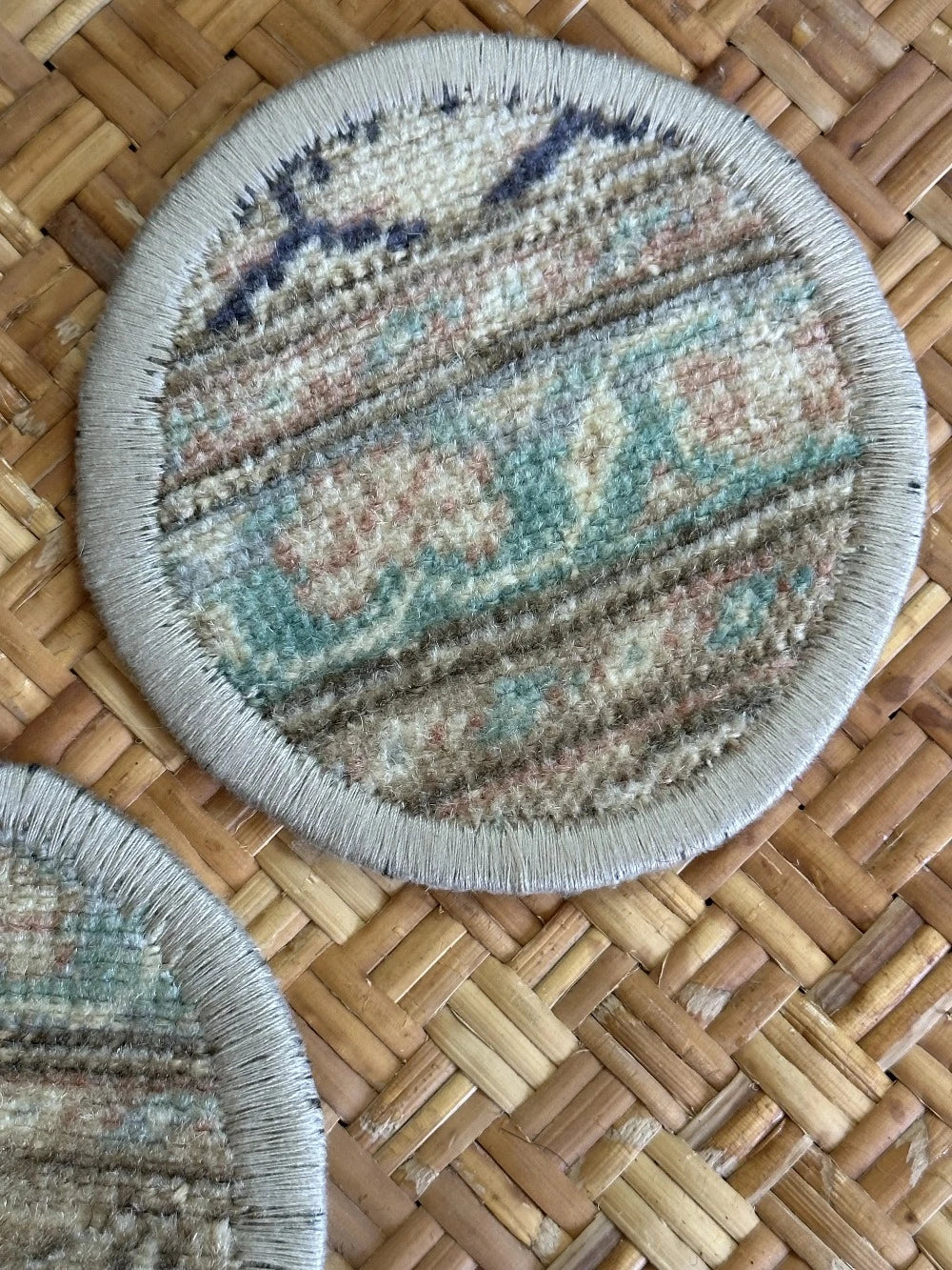 Unique 5 inch Turkish fabric coasters in the shape of a heart, upcycled from old turkish rugs and pillow scraps