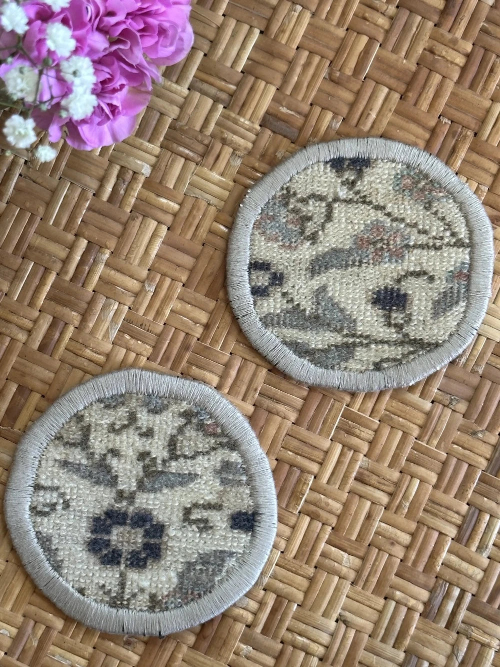 Unique 5 inch Turkish fabric coasters in the shape of a heart, upcycled from old turkish rugs and pillow scraps