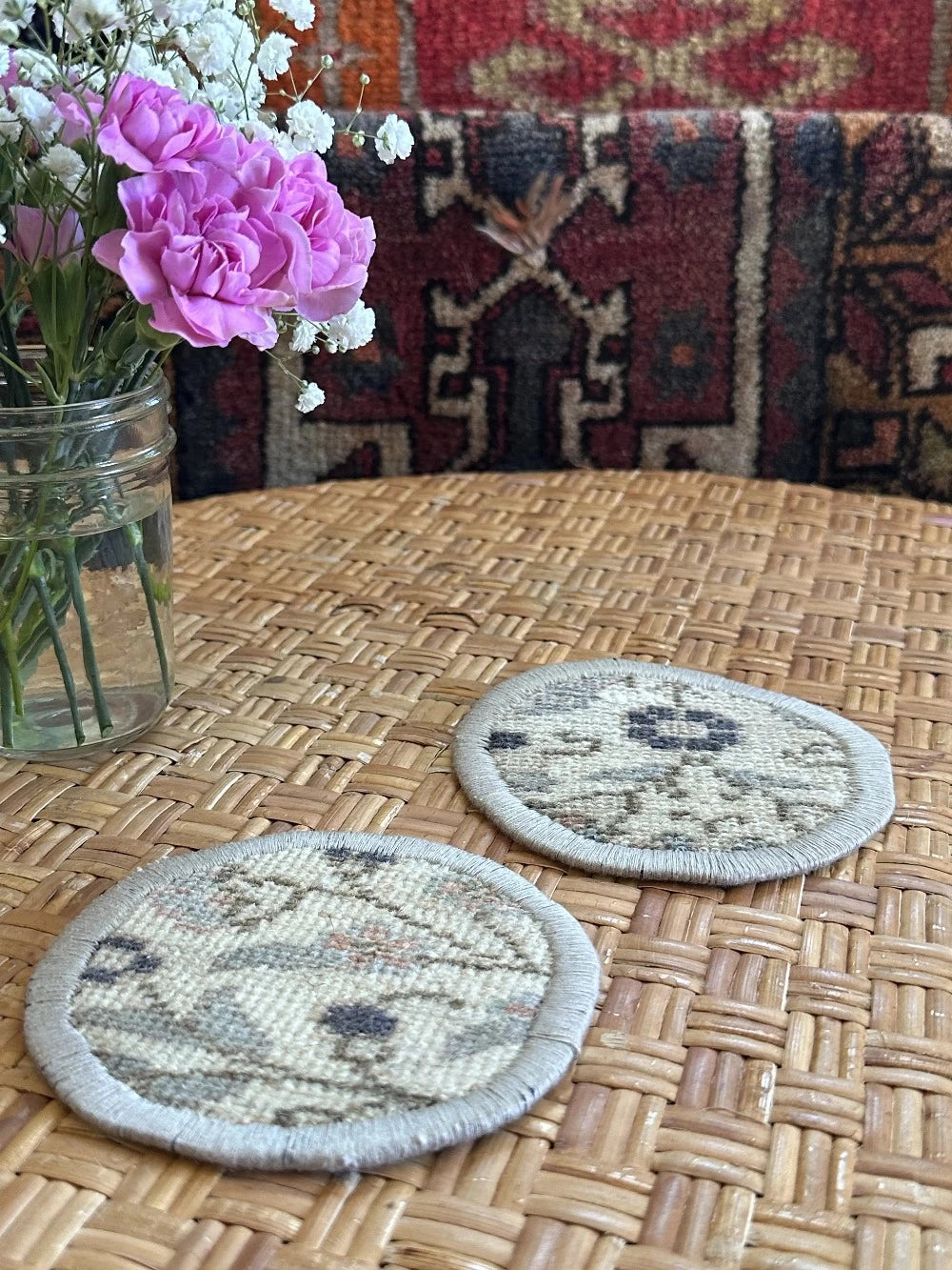 Unique 5 inch Turkish fabric coasters in the shape of a heart, upcycled from old turkish rugs and pillow scraps