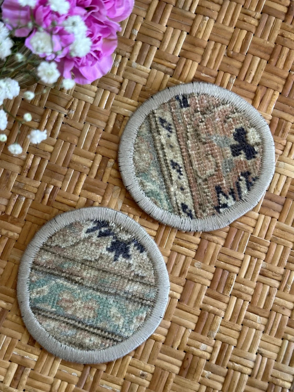 Unique 5 inch Turkish fabric coasters in the shape of a heart, upcycled from old turkish rugs and pillow scraps