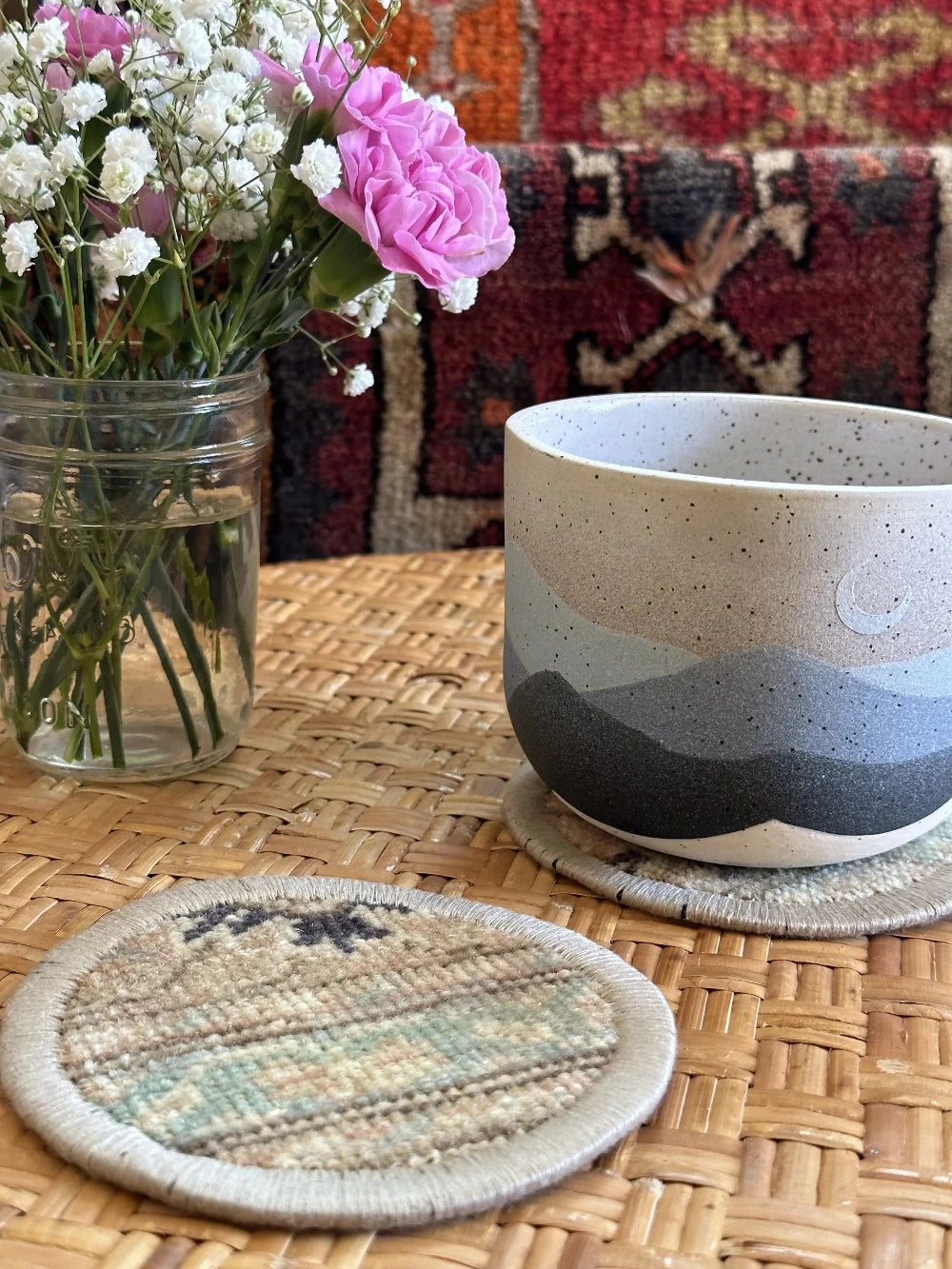 Unique 5 inch Turkish fabric coasters in the shape of a heart, upcycled from old turkish rugs and pillow scraps
