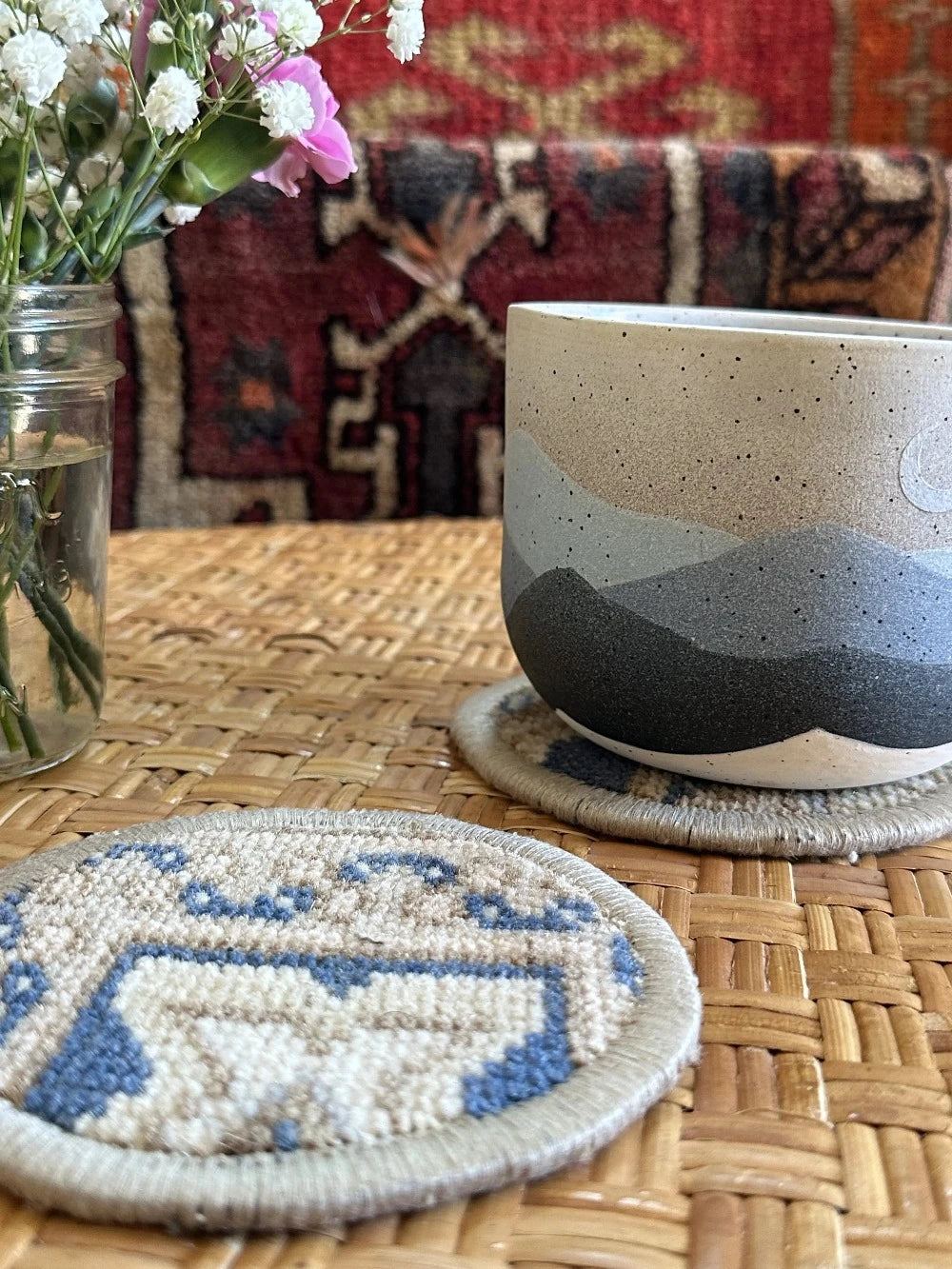Unique 5 inch Turkish fabric coasters in the shape of a heart, upcycled from old turkish rugs and pillow scraps
