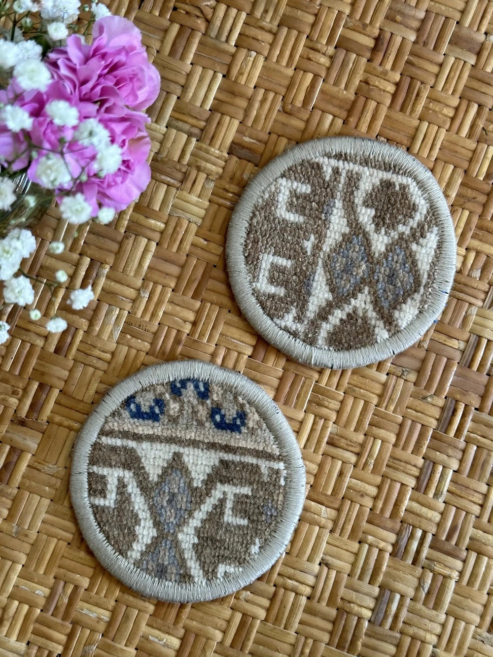 Upcycled 5 inch Turkish fabric coasters in the shape of a heart, made from old Turkish rugs and pillow fabric