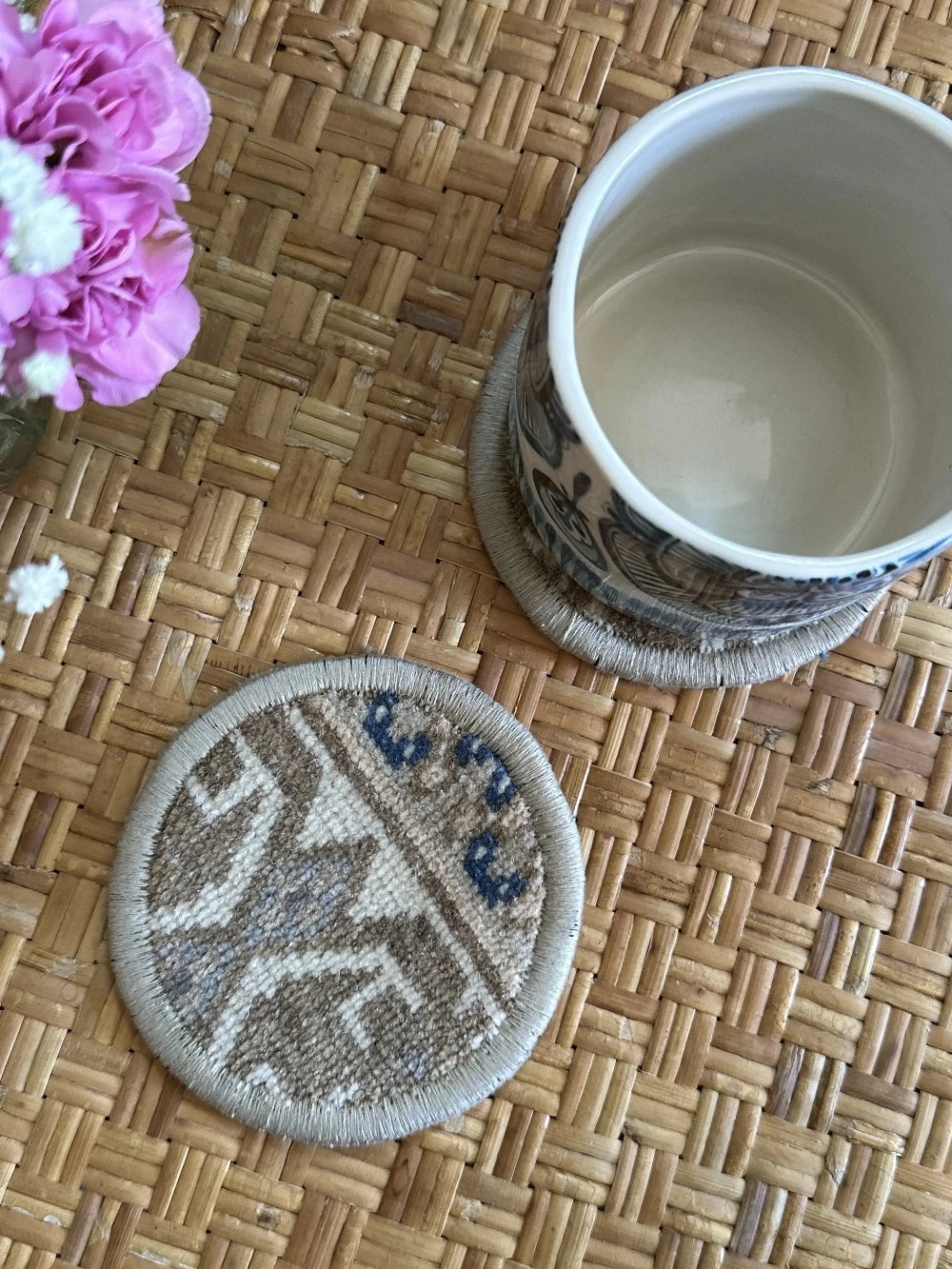 Upcycled 5 inch Turkish fabric coasters in the shape of a heart, made from old Turkish rugs and pillow fabric
