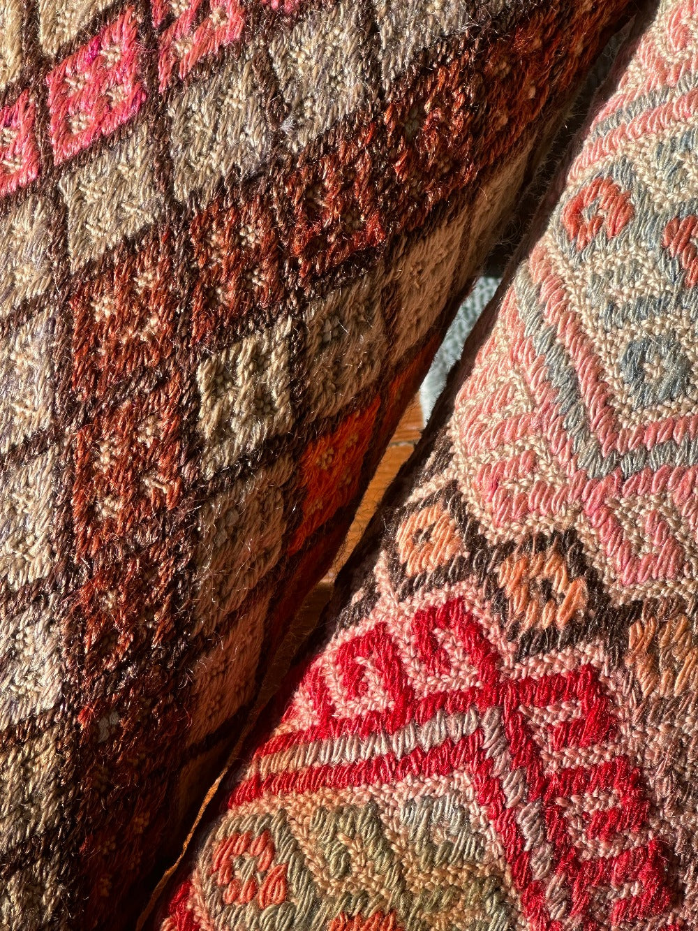 14 by 14 by 14 hand-carved Turkish tea house stools featuring recycled turkish rugs as seat covers