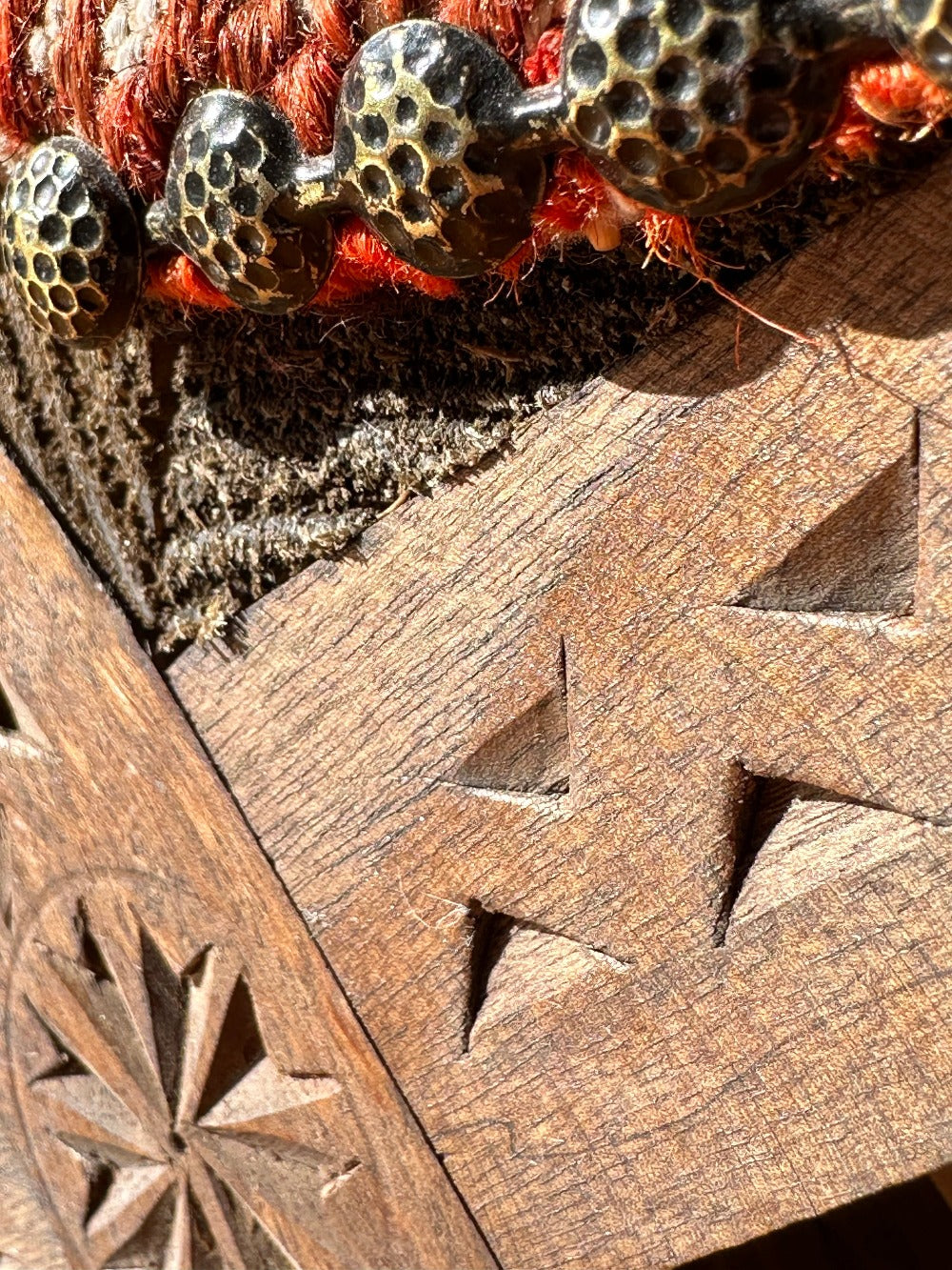 14 by 14 by 14 hand-carved Turkish tea house stools featuring recycled turkish rugs as seat covers
