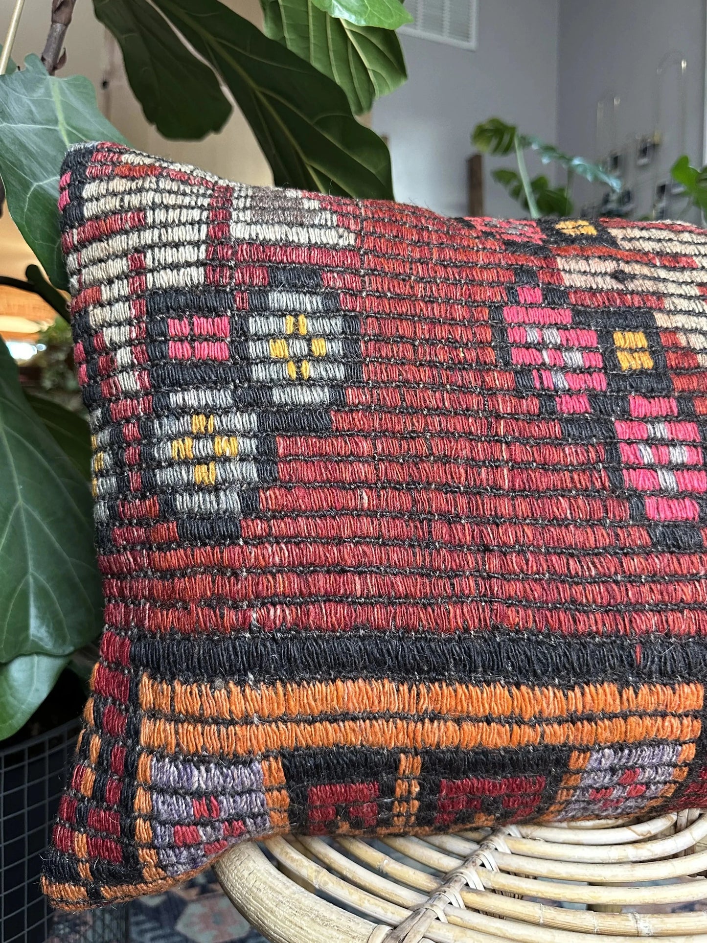 16 by 24 red embroidered Turkish lumbar pillow featuring floral pattern