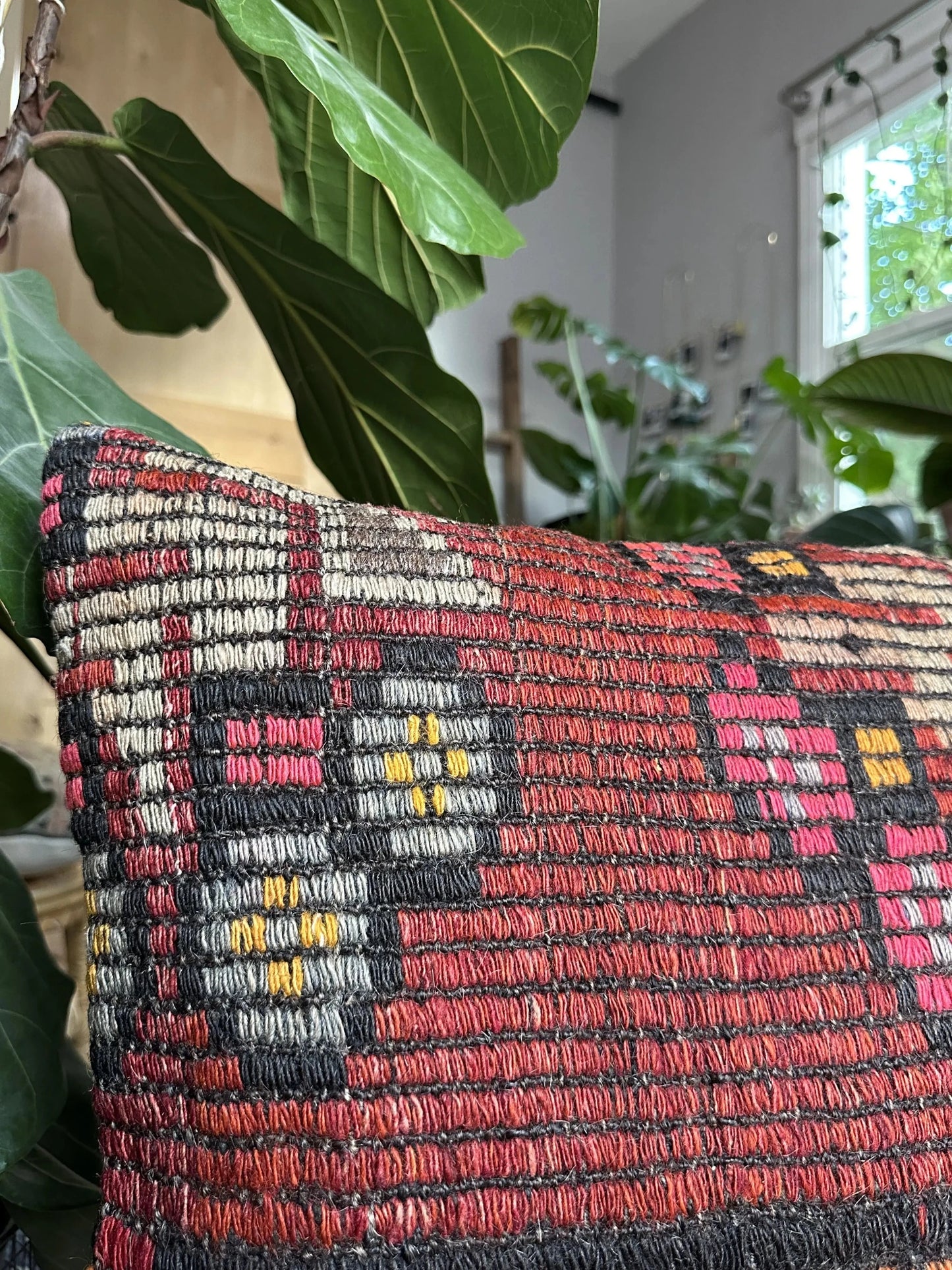 16 by 24 red embroidered Turkish lumbar pillow featuring floral pattern
