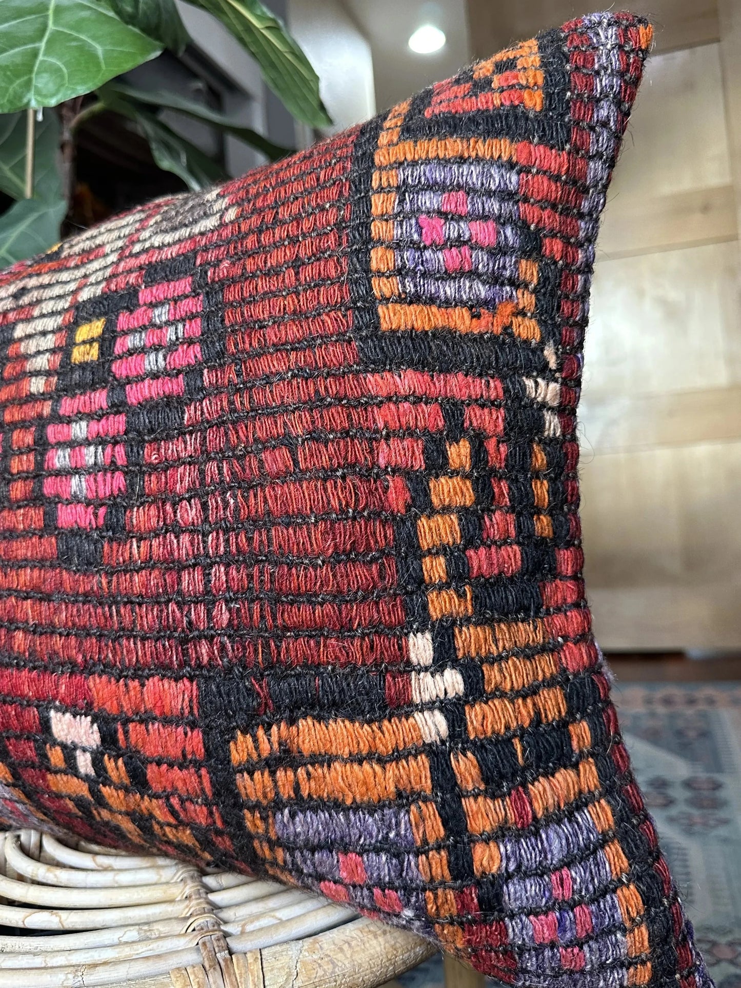 16 by 24 red embroidered Turkish lumbar pillow featuring floral pattern