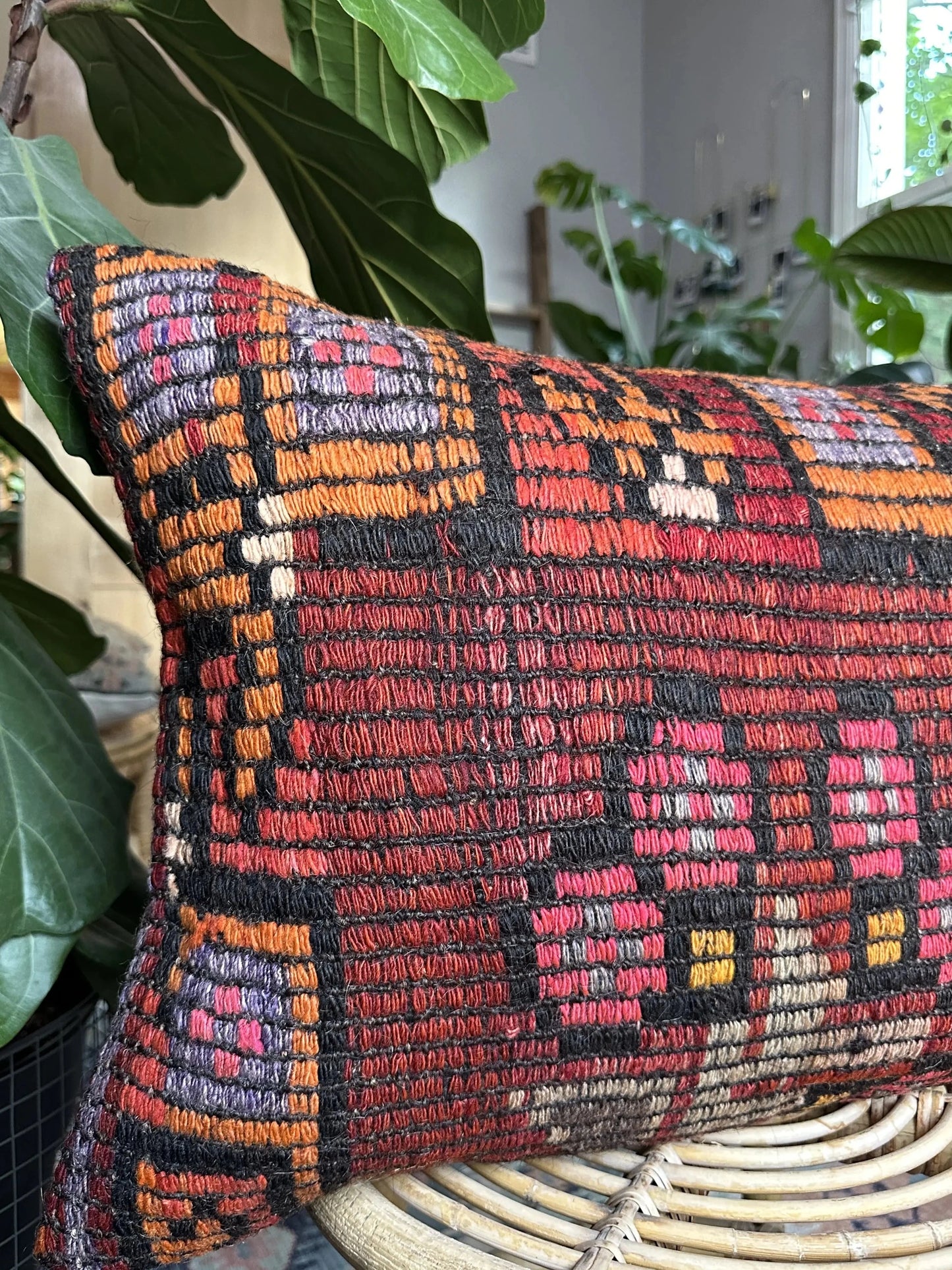 16 by 24 red embroidered Turkish lumbar pillow featuring floral pattern