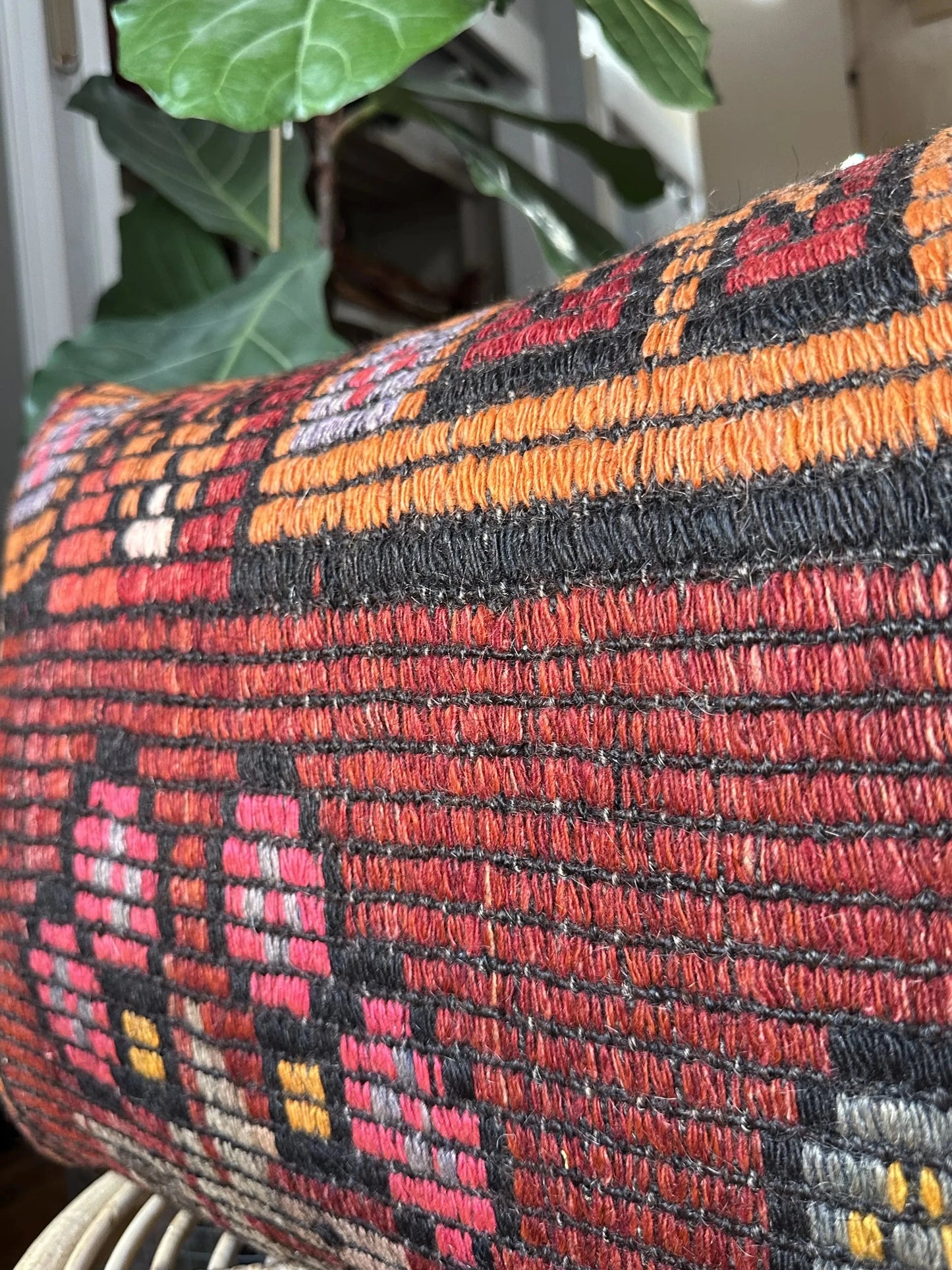 16 by 24 red embroidered Turkish lumbar pillow featuring floral pattern