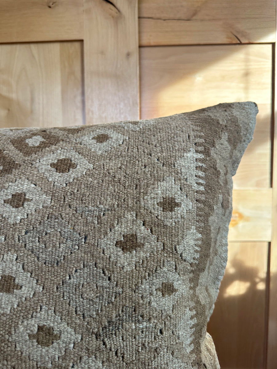 Handwoven neutral Turkish throw pillow, 26x26 inches, wool front with repeating geometric design, cotton backing—boho home decor.