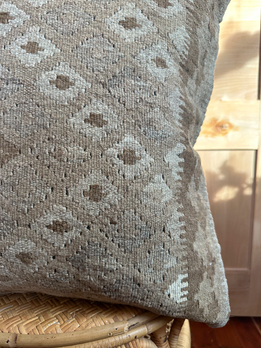 Handwoven neutral Turkish throw pillow, 26x26 inches, wool front with repeating geometric design, cotton backing—boho home decor.