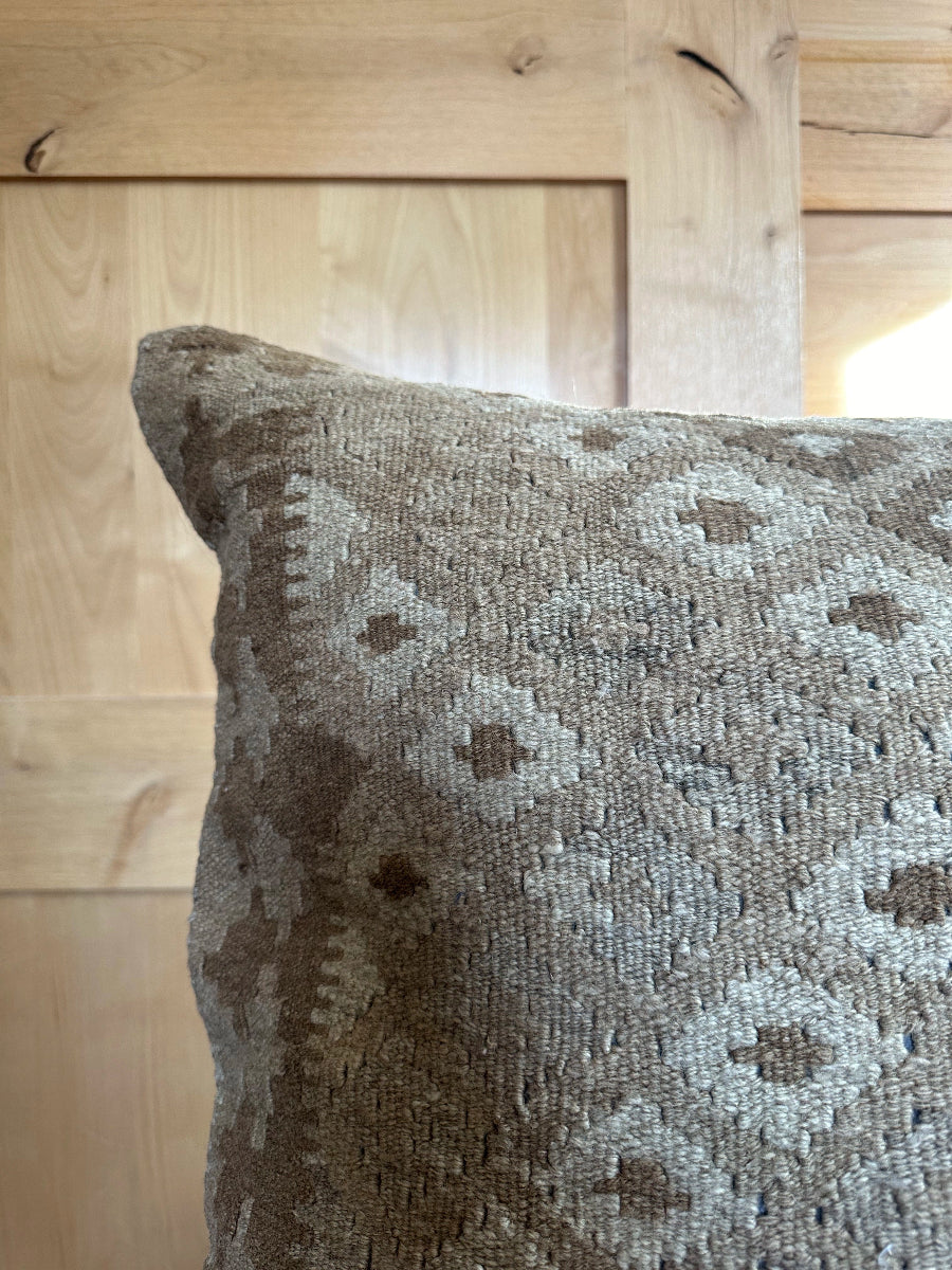 Handwoven neutral Turkish throw pillow, 26x26 inches, wool front with repeating geometric design, cotton backing—boho home decor.