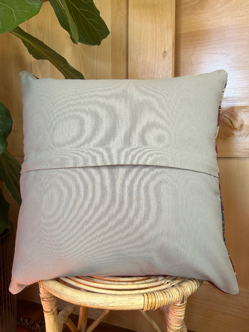 Handwoven Turkish Kilim Pillow Cover – Vintage Wool Cushion with Tribal Geometric Patterns in Burgundy, Navy Blue, and Cream – Boho and Rustic Home Decor