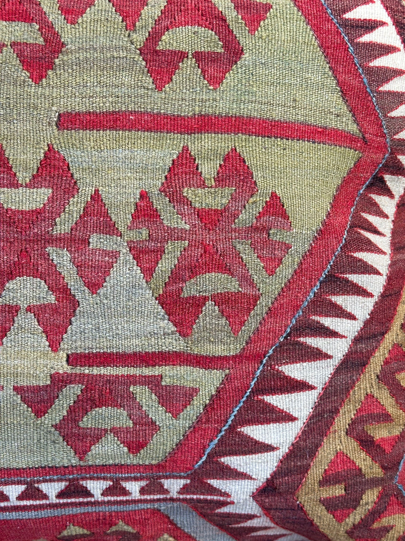 Handmade Turkish Kilim Pillow Cover – Vintage Wool Cushion with Red and Olive Green Tribal Geometric Patterns – Boho, Eclectic, and Rustic Home Decor Accent