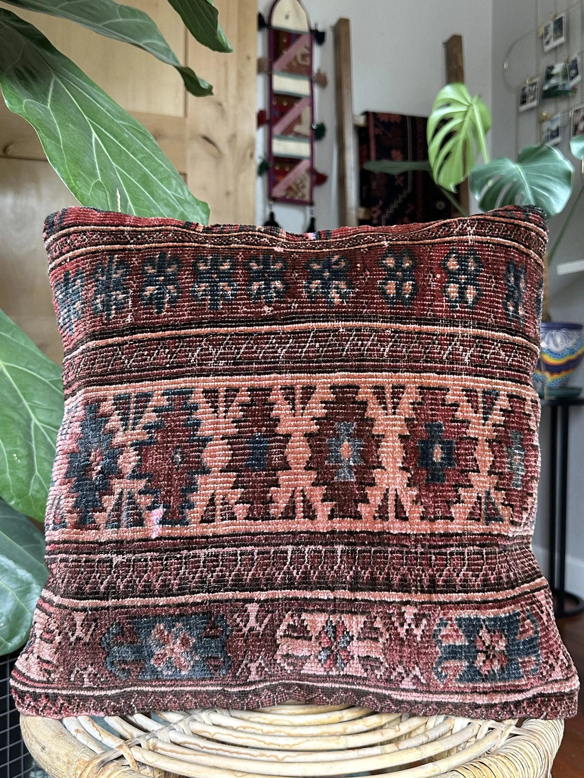 16 by 16 inch handmade Turkish throw pillow featuring a striped geometric pattern and coloring includes navy, merlot and baby pink