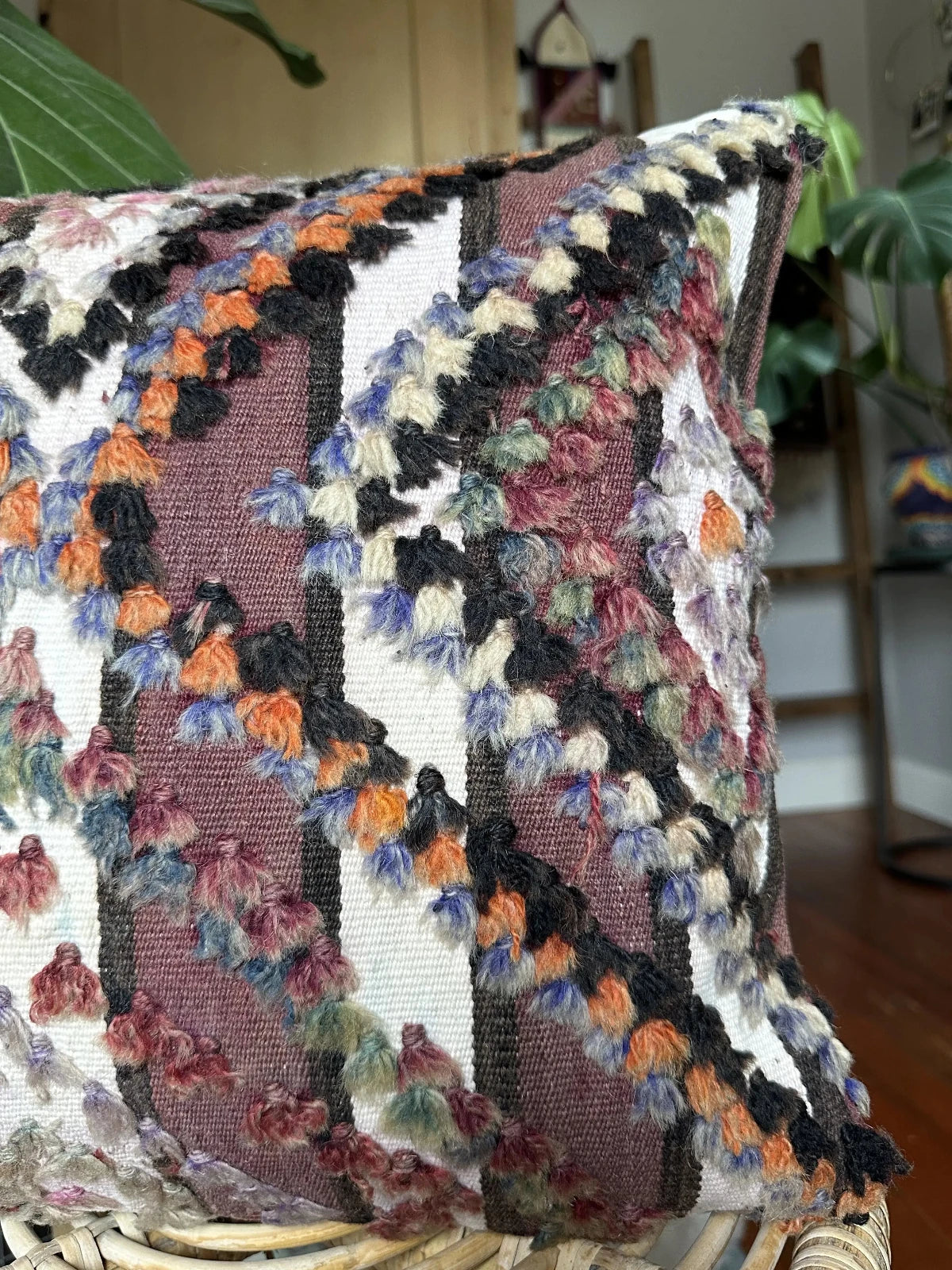 16 by 16 handmade Turkish throw pillow, featuring a purple and white stripped pattern and diamond pattern with long fringe wool