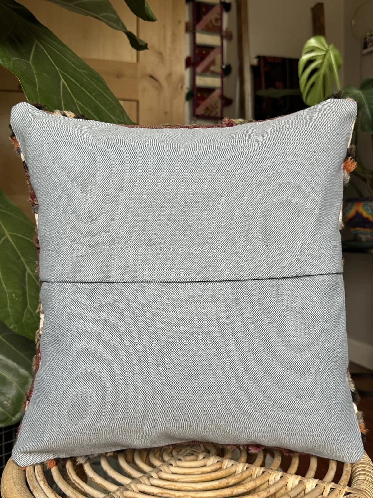 16 by 16 handmade Turkish throw pillow, featuring a purple and white stripped pattern and diamond pattern with long fringe wool