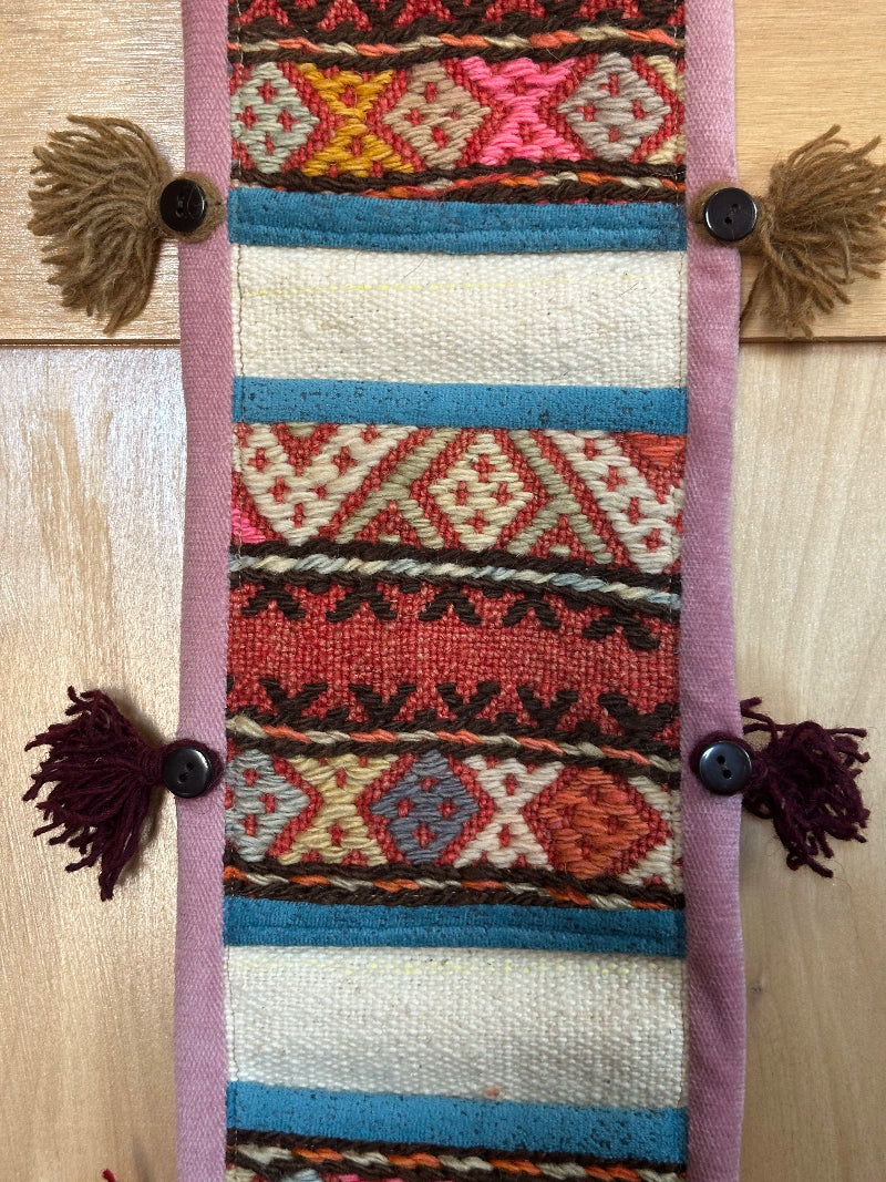 Handmade Turkish Kilim Wall Organizer – Colorful 3-Pocket Hanging Storage with Tassels and Evil Eye Charm – Boho and Eclectic Home Decor Accent