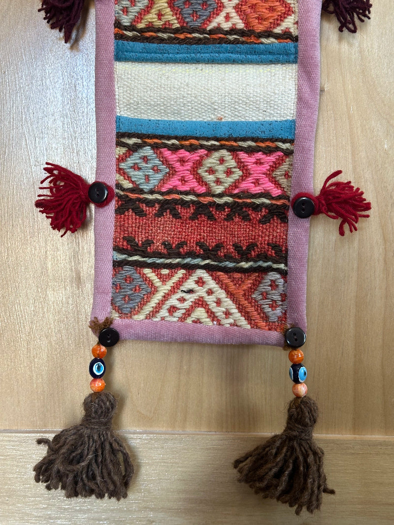 Handmade Turkish Kilim Wall Organizer – Colorful 3-Pocket Hanging Storage with Tassels and Evil Eye Charm – Boho and Eclectic Home Decor Accent