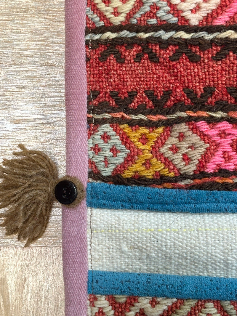 Handmade Turkish Kilim Wall Organizer – Colorful 3-Pocket Hanging Storage with Tassels and Evil Eye Charm – Boho and Eclectic Home Decor Accent