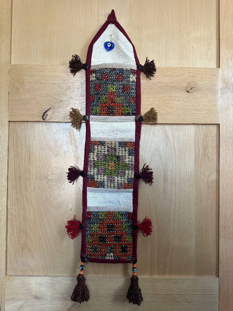 Handmade Turkish Kilim Wall Organizer – Colorful 3-Pocket Hanging Storage with Tassels and Evil Eye Charm – Boho and Eclectic Home Decor Accent